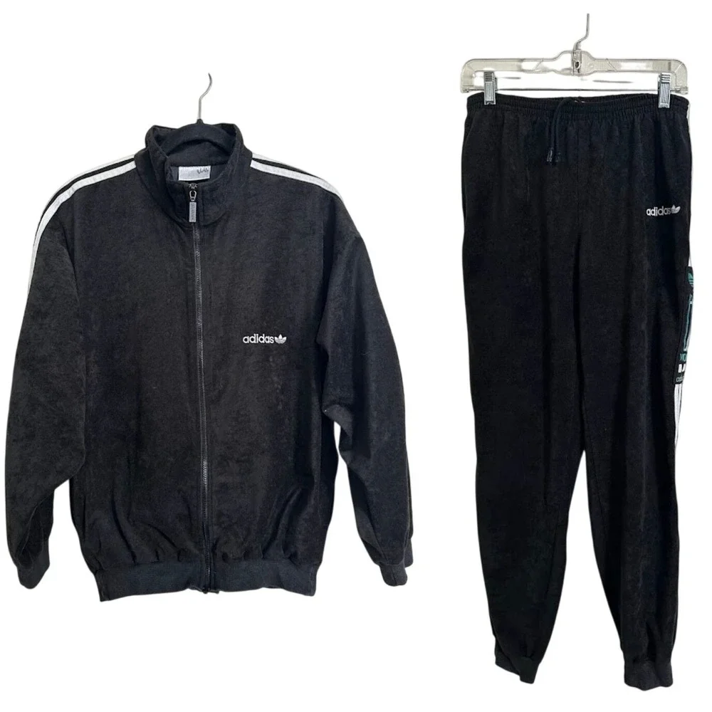 Vintage 90s Adidas Trefoil Triacetate Tracksuit Set Jacket Pants Black Teal‎ M/L